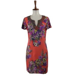 Boden Floral Dress Women’s 4 Beaded Short‎ Sleeve Sheath Preppy Retro